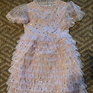 Mini Boden Sz 8-9Y Silver Star Print Ruffle Tulle Party Dress